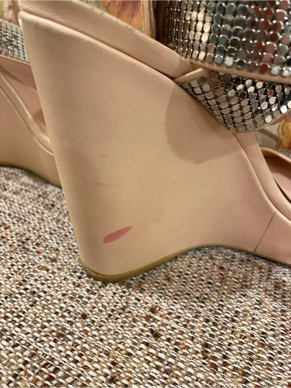 Stuart Weitzman Nude Platform Sandals with Silver Rhinestone Straps